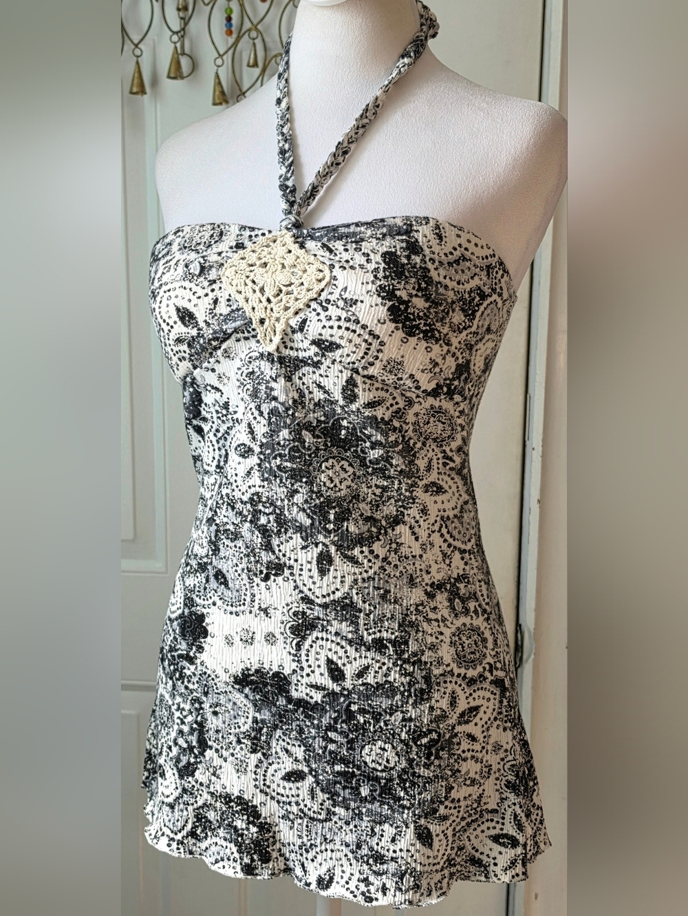Y2K Vintage Self Esteem Halter Babydoll Top Juniors S Black Cream Boho Floral